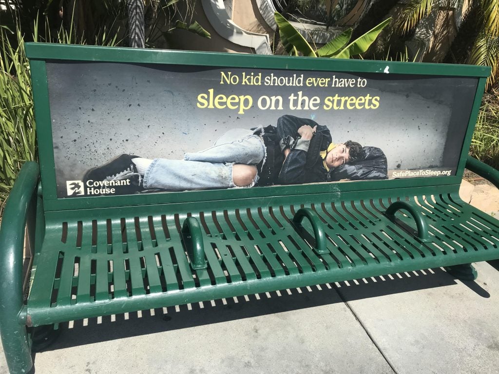 This bench advertises that “No kid should ever have to sleep on the streets” and then adds bars so homeless people can’t sleep on the bench.
