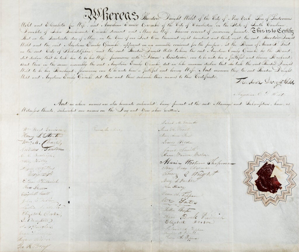The certificate is larger than an open newspaper; it takes up about a quarter of a table. Created in 1838, the paper itself is well-kept with the ink used for the writing and borders of the papers well-preserved. Half of the signatures on the certificate are of abolitionists who were present during the ceremony. Though the certificate was stamped as well, a part of it broke off making it hard to understand who stamped it. Part of a red stamp remains in the bottom right corner of the certificate.