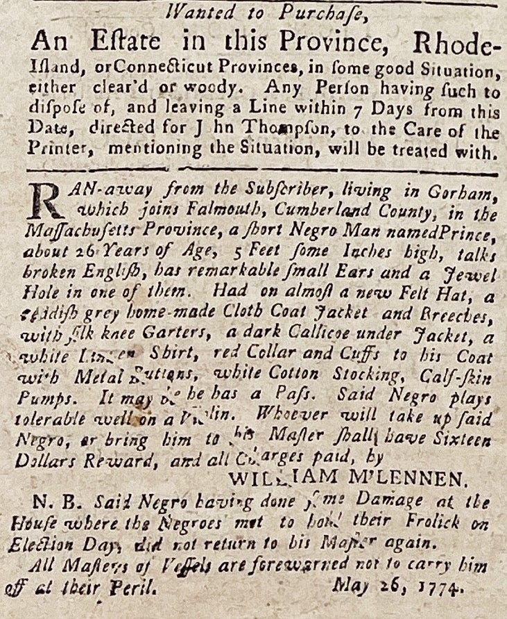 A runaway advertisement column describing Prince and providing details about the reward for his capture.