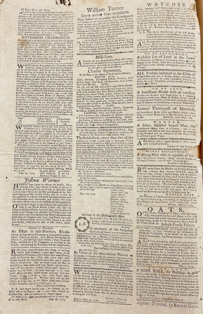 A page of a newspaper contains similar sized sections that are separated and have bolded first letters with each new section. Many titles are simply labeled “Runaway” or “Wanted.” The articles are written into three columns; there are rarely printed images within the articles. Some of the advertisements are italicized and some names are italicized. No addresses are left in the advertisements, questions are left to “inquire of the printers.”
