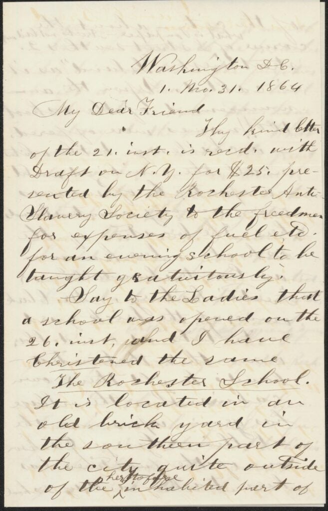 This letter was written in cursive by Daniel Breed to Anna Barnes, who was a member of the Rochester Ladies’ Anti-Slavery Society. In the lower right hand side of this letter, some text appears to be written forcefully and messily, seemingly with emotion. This letter consisted of four pages.