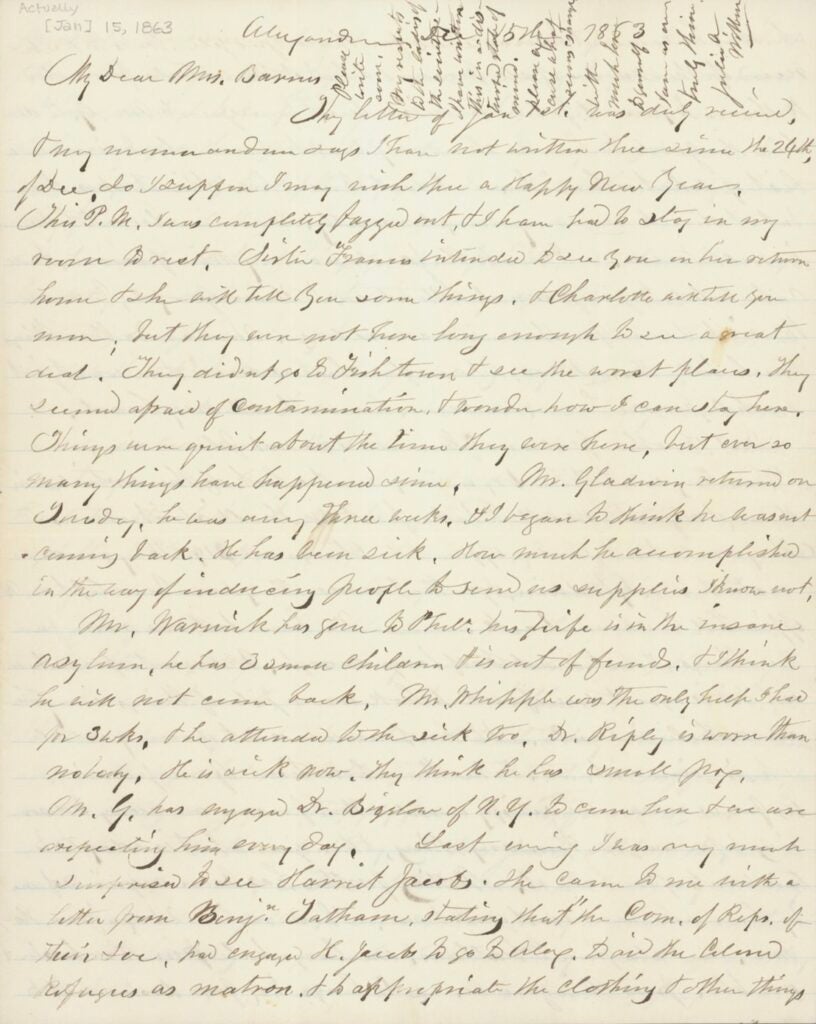 In this letter, written by Julia A. Wilbur to Anna M.C. Barnes on January 15, 1863, Wilbur describes relief efforts, logistical challenges, and tensions within the Rochester Ladies’ Anti-Slavery Society.