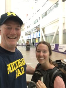 Double-backpacking and reuniting with my Dad at the airport after 35 hours of transit. He was in all his Michigan gear!