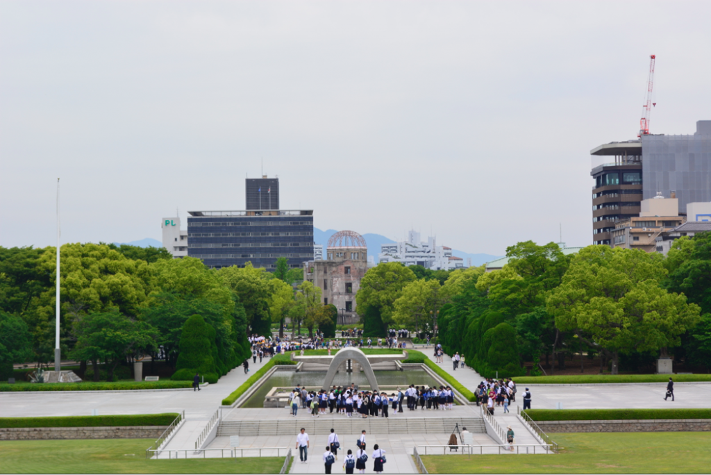 Hiroshima's Peace Park. A photo looking across the memorial park from the museum toward the Atomic Bomb Dome.